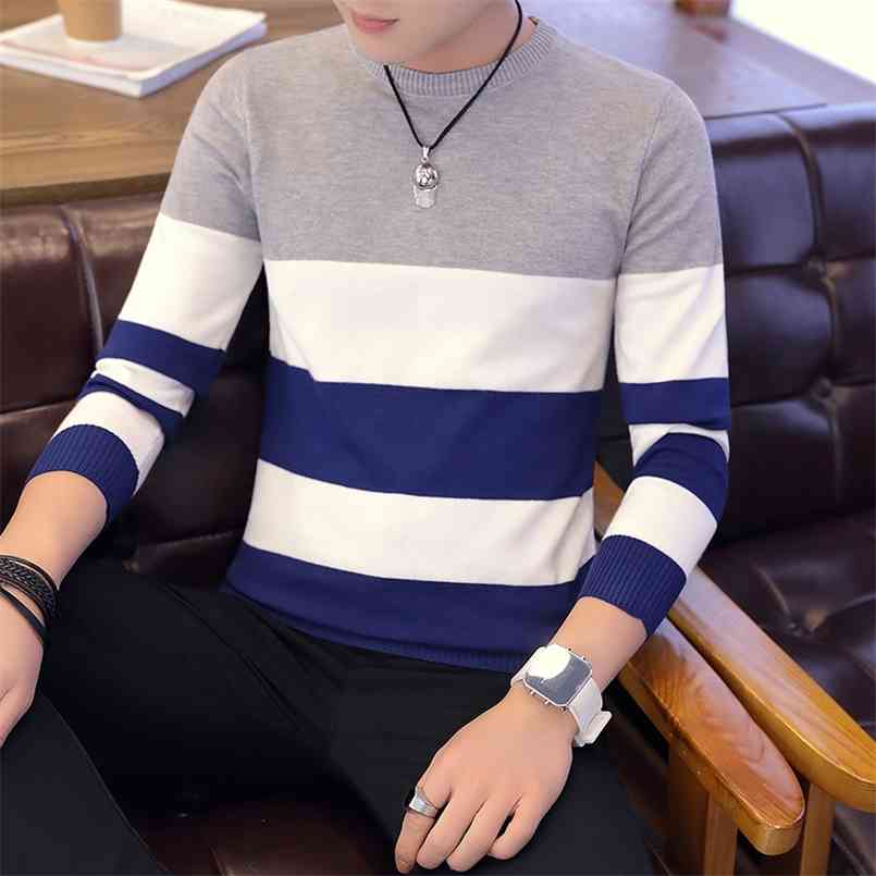 Spring Autumn Men Sweater Big Stripe Streetwear Casual Slim Fit Male Clothing Long Sleeve Knitted Pullovers O-Neck C252 210809