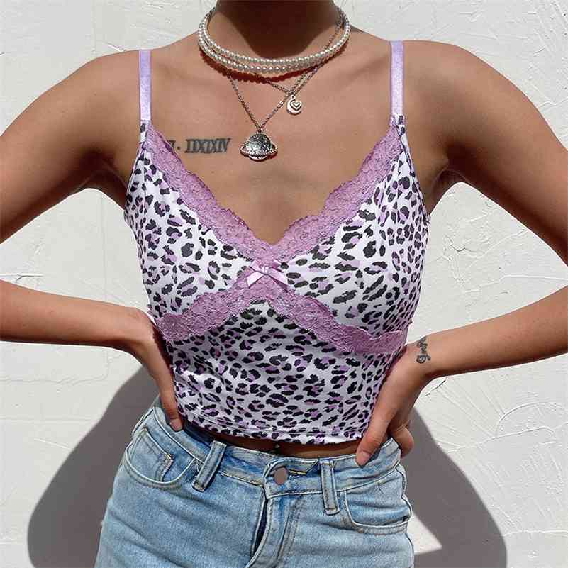 

Patcwhork Lace Leopard Spaghetti Strap Top Sleeveless 90s Crop Top Tee Frill Sexy Cami Top Summer Streetwear 210518, Khaki