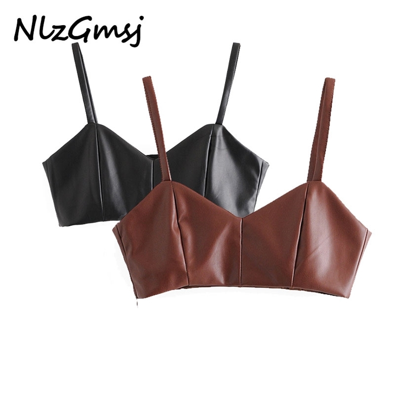 

women black pu leather camis crop top sexy sleeveless backless short blouses shirts female solid tops 210628, As picture