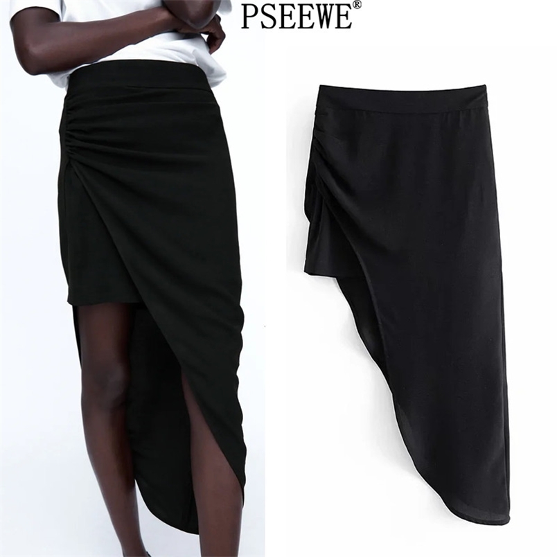 

Asymmetrical Black High Waist Skirt Women Chic Side Pleated Elegant Long Skirts Woman Streetwear Female 210519