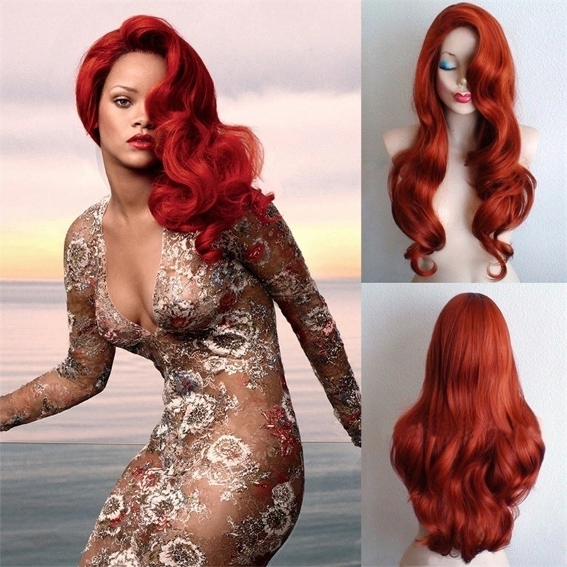 

wine Wig female wig red medium long curly hair chemical fiber headgear2, Burgundy