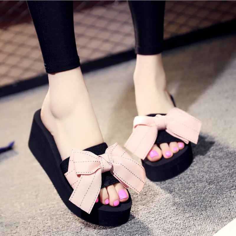 

New Flip Flops Summer shoes woman Beach Sandals Women's Slippers Female Flat Sandals Rhinestone wedge pantoufle femme H0827, Black