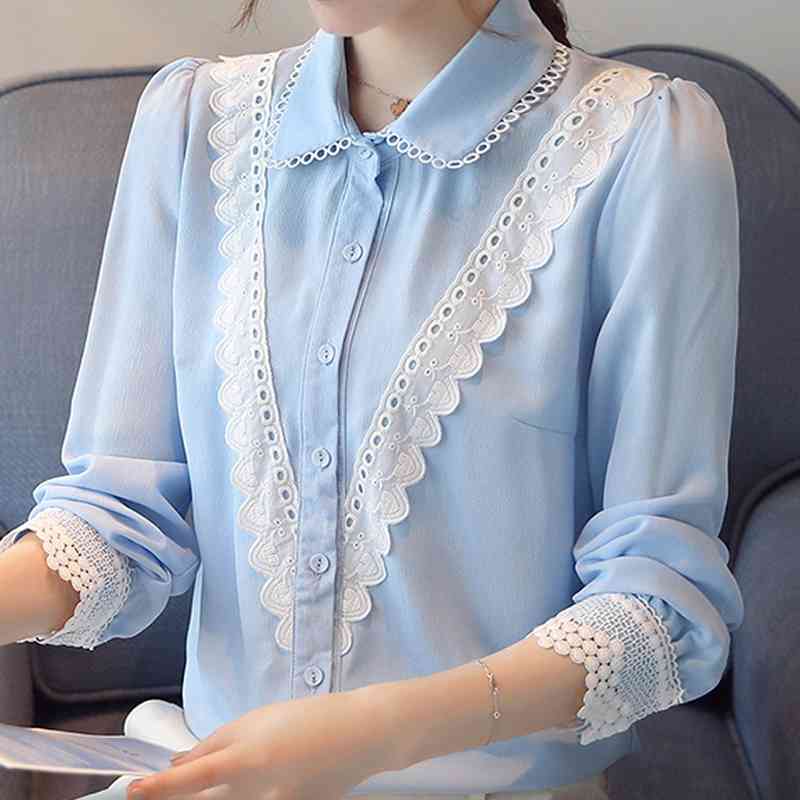 

Long Sleeve Women Shirt Ruffles Chiffon Blouse Tops Blusas Mujer De Moda Clothing Blusa E541 210602, Blue