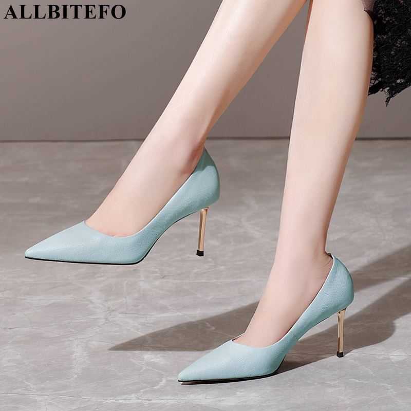 

ALLBITEFO golden heel pointed toe genuine leather women high heels fashion stiletto pumps women heels shoes party wedding shoes 210611, As picture