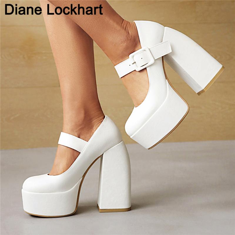 

Dress Shoes 2022 Brand Women Block Heels Buckles Heart Platform Black Gothic Girls Wedding Pumps Lolita Mary Janes Woman, White