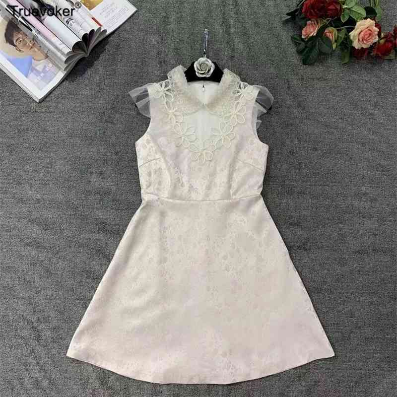 

Truevoker Women Sleeveless Peter Pan Collar Lace Patchwork Luxury Diamond Crystal Appliques Party Dress 210602, White