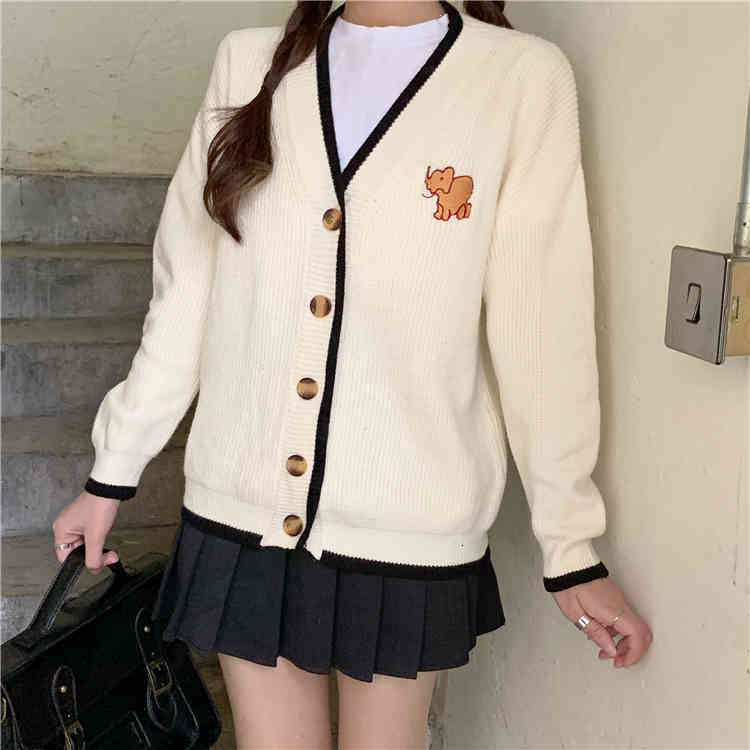 

women's sweaters female mesh cardigan spring elephant embroidered graphic v neck chic korean sweater oversized female 3kff, White;black