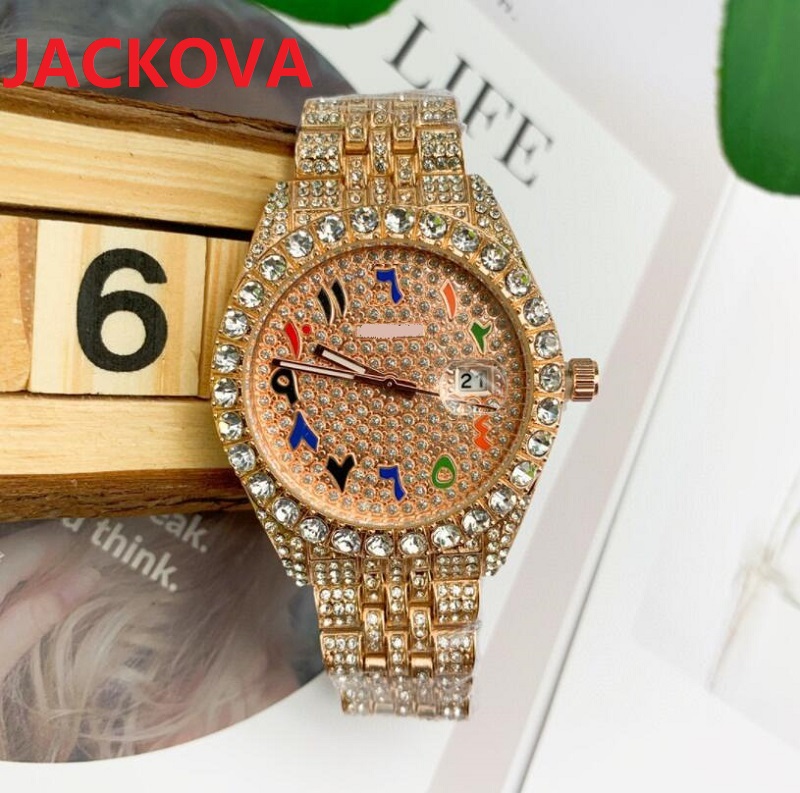 

Fashion Mens Women Diamonds Ring Arabic Dial Watches Iced Out Day Date Quartz Movement Stainless Steel Rhinestone switzerland nice designer, Slivery;brown
