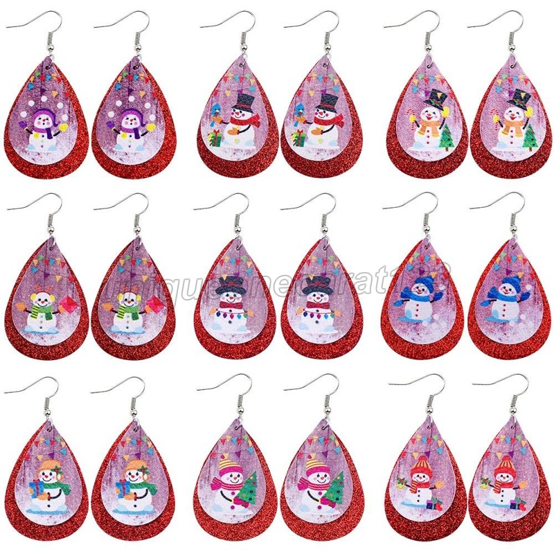 Boucles d'oreilles pendantes en forme de bonhomme de neige de noël, en Faux cuir léger, pendentif goutte d'eau, bijoux pour femmes et filles, cad