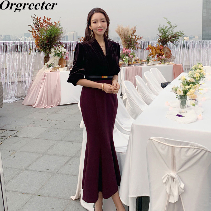 

High-end Velvet Fishtail Dress Temperament Elegant Lady V-neck Patchwork Long Sleeve Slim Sexy Bodycon Party Vestidos 210525, Red