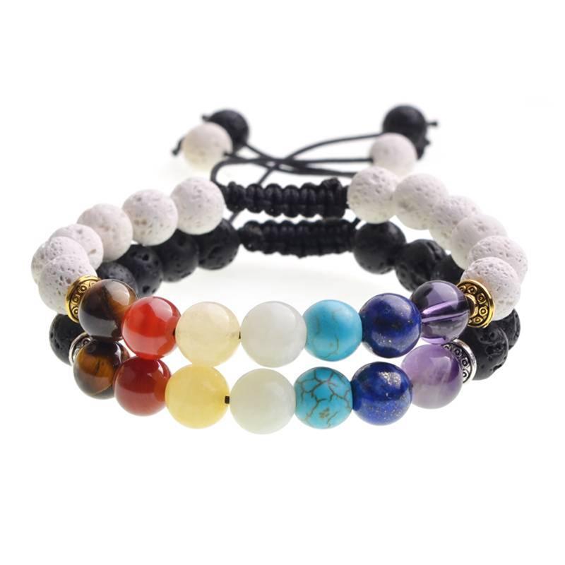 

Men's and Women's 8mm Black and White Lava Rock 7 Chakra Aromatherapy Essential Oil Disperser Elastic Bracelet Braided Natural Stone