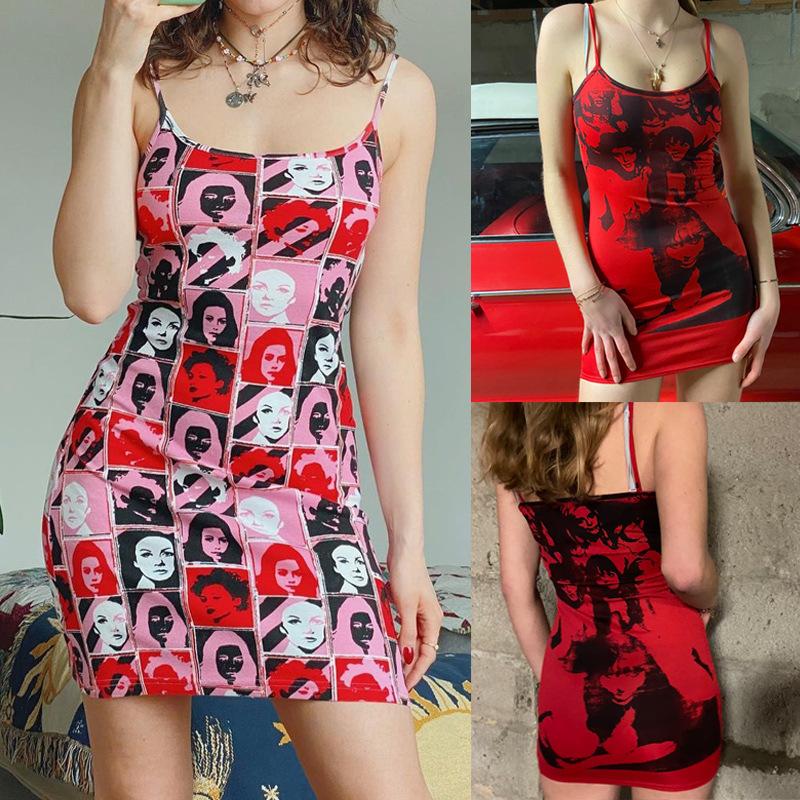 

Casual Dresses Zoki Red Vintage Dress Camis Print Pattern Sleeveless Mini Club Party Backless Street Wear Summer Fashion 2021, Black;gray
