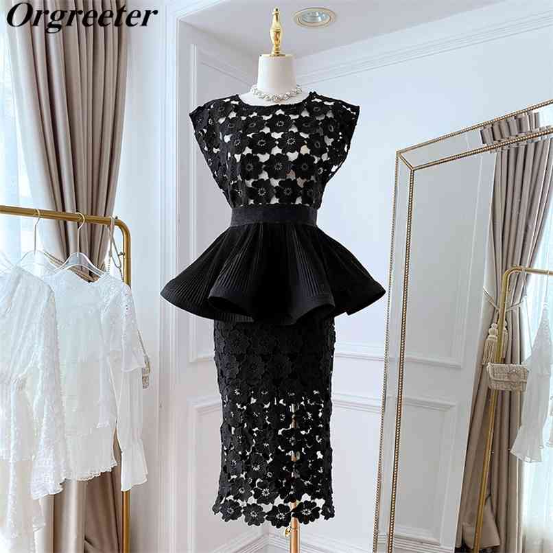 

High quality Water-soluble Lace Hook Flower Hollow Out Sleeveless Top + Chiffon Girdle+Bodycon Skirt 3 Piece set Women 210602, Black