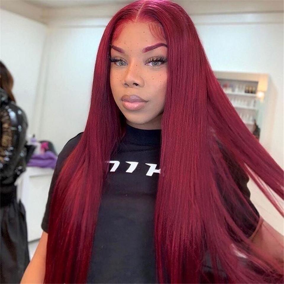 

26inch Burgundy Lace Front Wig Colored Red Lace Front Human Hair Wigs for Women Bone Straight Transparent Lace Wigs, As the picture shows