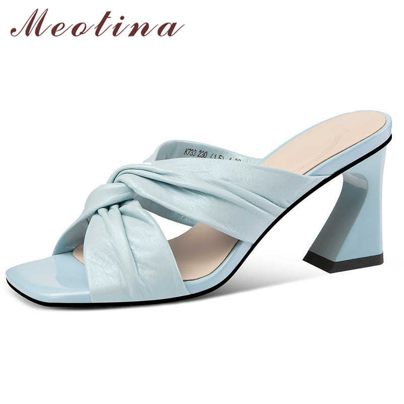 

Meotina Women Shoes Pleated Genuine Leather High Heel Slippers Square Toe Strange Style Ladies Slides Summer Sandals Beige Blue 210608