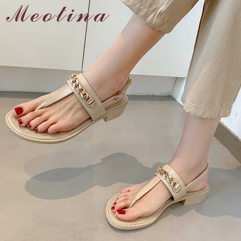 

Meotina Shoes Women Genuine Leather Sandals Flip Flop Med Heel Sandals Chain Square Toe Shoes Thick Heel Ladies Footwear Summer 210608, White