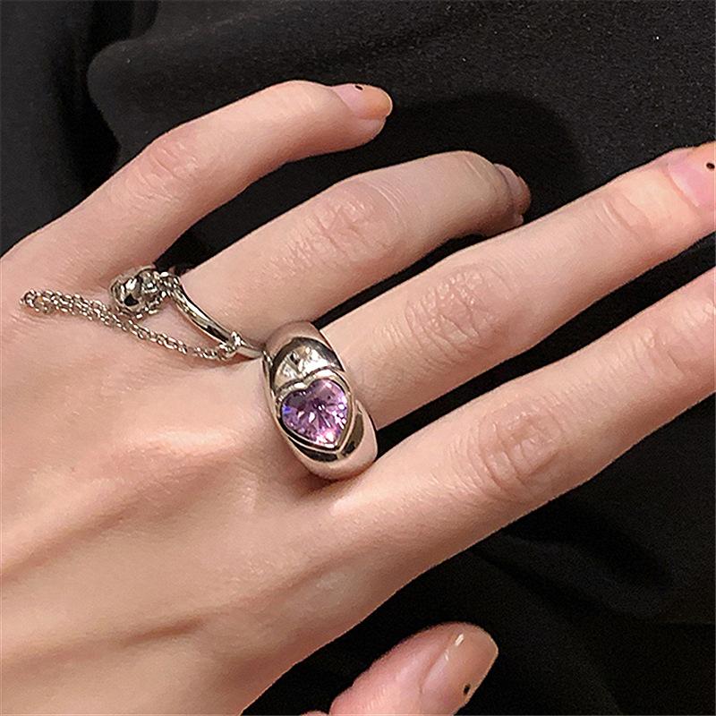 

Cluster Rings 2021 Personality Purple Love Heart Ring Temperament Open Index Finger Adjustable Chain For Women Girls Fashion Jewelry