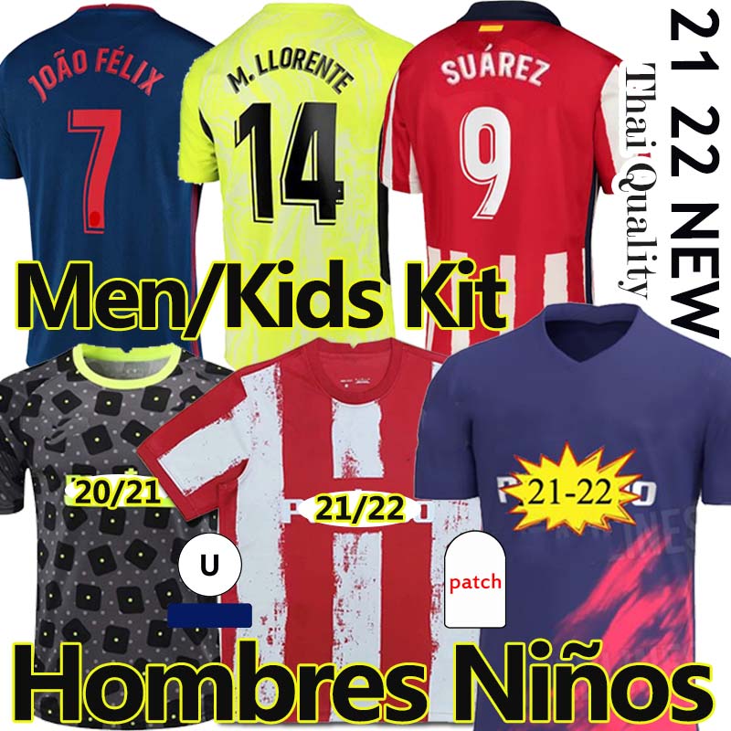 

New 21/22 Atletico Soccer Jerseys Suárez Madrid 2021 2022 João Félix Saul Koke M.LLorente DEMBÉLÉ LEMAR CARRASCO OBLAK Men Kids Kits Training shirts football jersey Thai, Pants