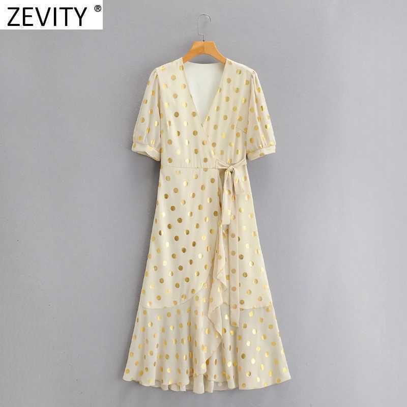 

Zevity Women Vintage Cross V Neck Polka Dots Gilding Bow Tie Midi Dress Femme Chic Puff Sleeve Summer Wrap Kimono Vestido DS8170 210603, As pic ds8170ff