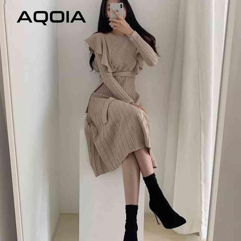 

Winter Korean Sashes Knitted Sweater Dress Women Ruffled Solid Color Office es Empire Midi Women' Robe 210521, Random color