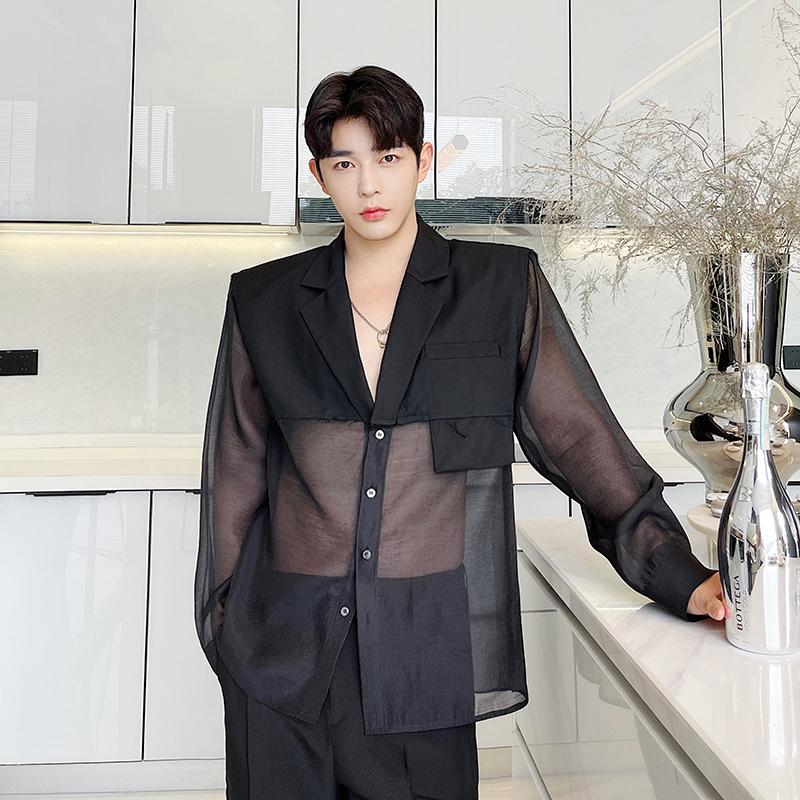 

Men's Suits & Blazers Summer Male Suit Transparent Organza Sunscreen Thin Jacket For Men Women Streetwear Harajuku Blazer Coat, W0268 black