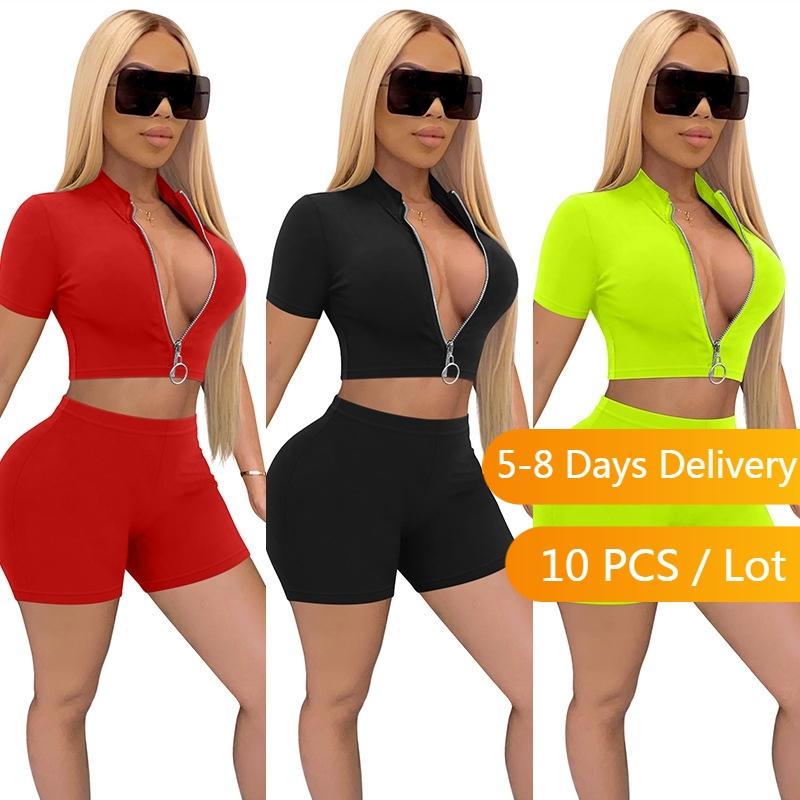 

Women' Tracksuits Bulk Items Wholesale Lots Solid Casual Tracksuit Women Sportwear Zipper Crop Top And Biker Shorts Set Bodycon Joggers, Black