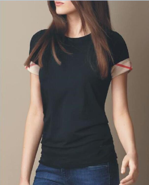 

2021 new women' brand designer short-sleeved T-shirt tops pure cotton pullover T-shirt plaid stitching, Blanco