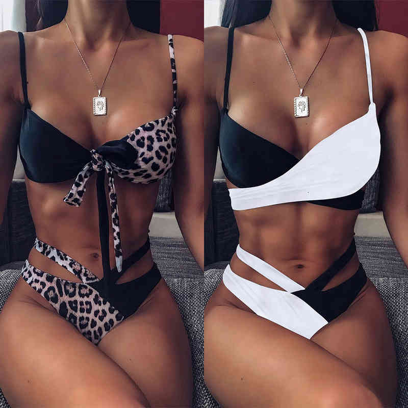2021 Color Matching Swimsuit Leopard Stitching Bikini-image-678440527