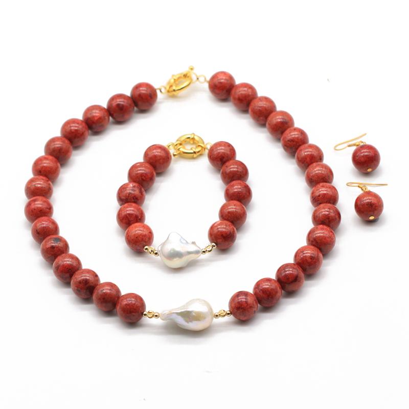 

Earrings & Necklace Fashion Jewelry 14MM Red Coral Beads Set Mix And White Baroque Pearl Wedding Party ABG042, Silver