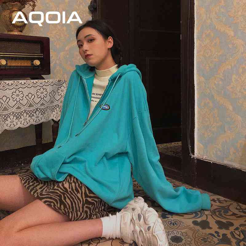 

Autunm Casual Solid Color Women Hoodies Sweatshirt Zip-Up Oversize Loose Sweatshirts INS Plus Size Female 210521