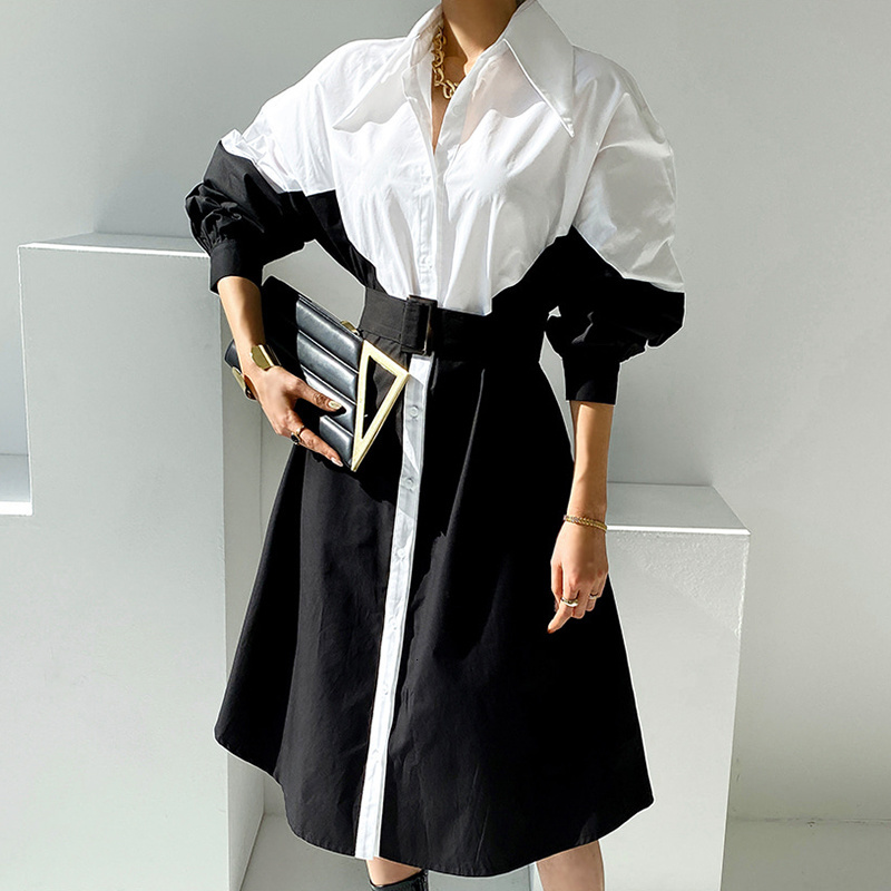 

casual dresses [ewq] fashionable women's dresses with contrast collar, long sleeve belt, fashion, autumn, , 5e2953 ohv4, Black;gray