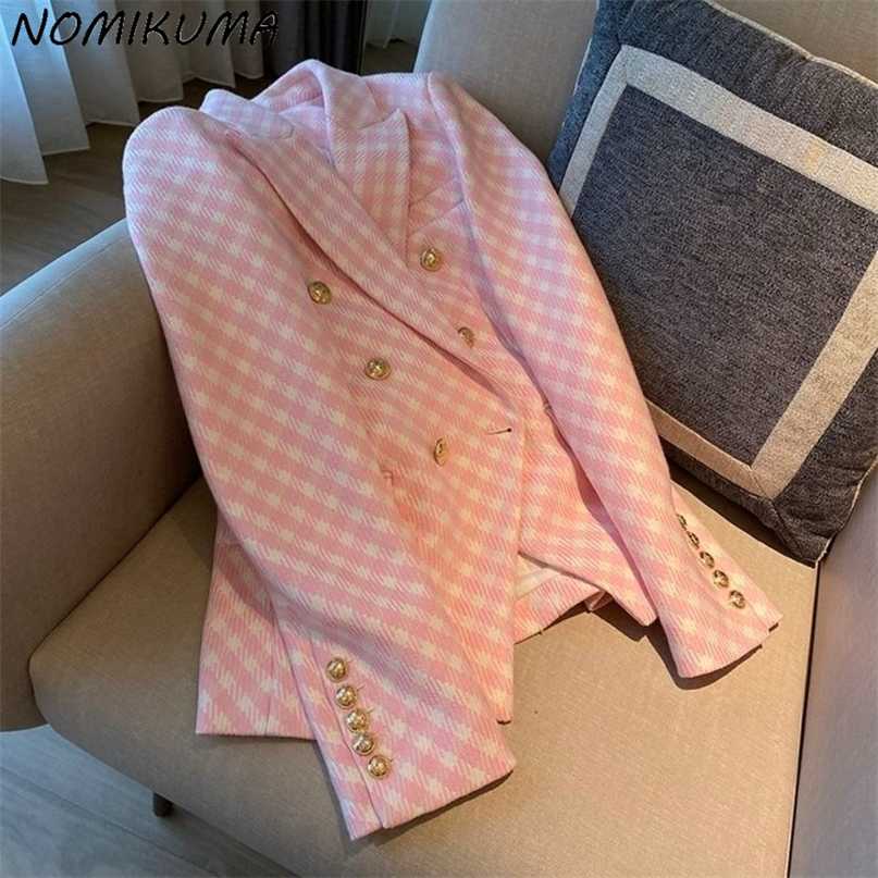 

Nomikuma Autumn Korean Plaid Suit Jacket Fashion Double Breasted Notched Collar Blazer Coat Causal Elegant Blazers 6Z559 211019, Pink