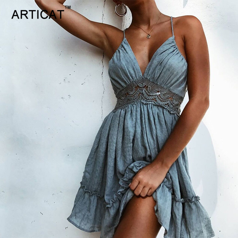 

lace backless v neck summer dress women strap sleeveless hollow out short dress casual beach party dresses vestidoshigh quality, Black;gray