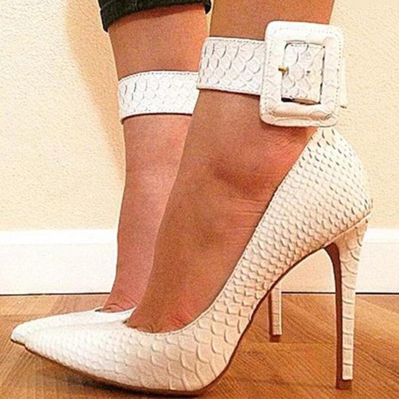 

Dress Shoes Ankle Buckle Strap Pumps Pointed Toe Ladies Thin High Heels Party Stiletto Shallow Solid White Red Wedding Women, As picture