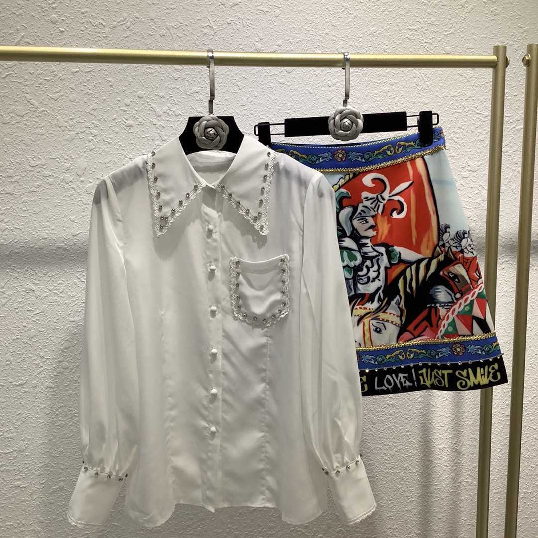 

Truevoker Lady Skirt Set High End Long Sleeve Diamond White Top + Print Elegant Mujer Party Two Pieces Sets Female et 210602, Black