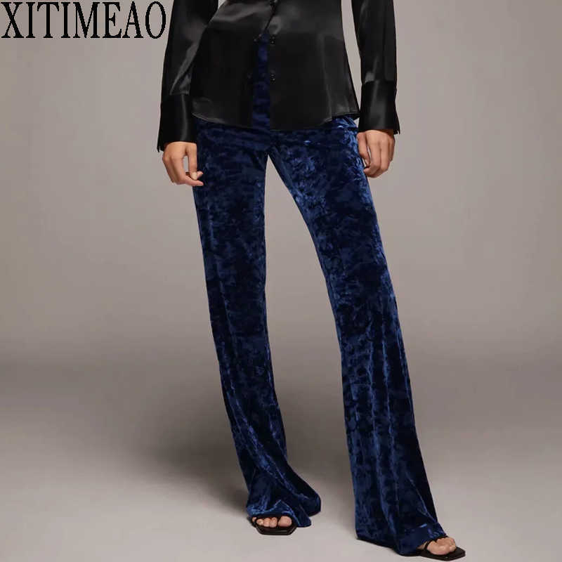 

ZA Solid Color Long Trousers Lady Streetwear Velvet Wide Leg Pants Casual Women Loose floor length XITIMEAO 210604, Blue