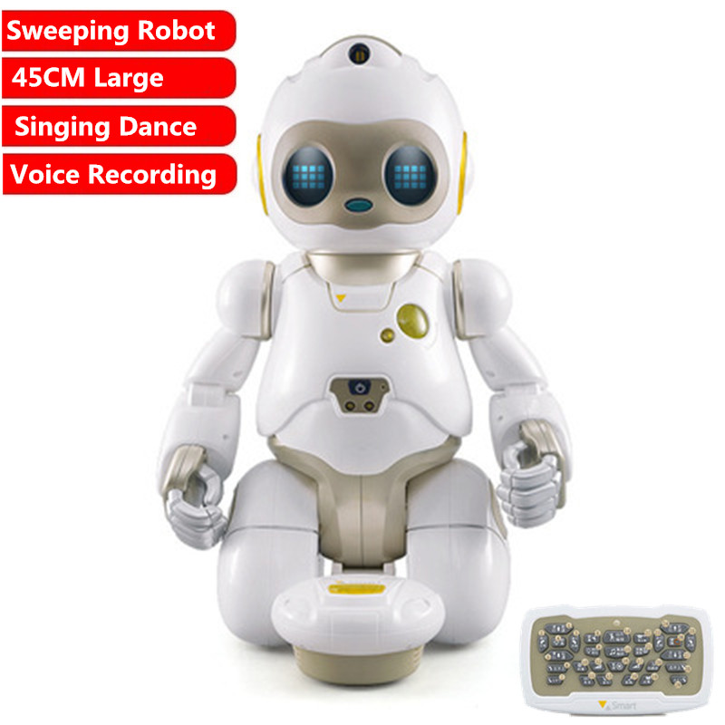 

2.4G Smart RC Sweeping Robot Speaking Recording Singing Dancing Adult Auto cleaning tool Eye Flash Lights Puzzle Learning RC Toy, White