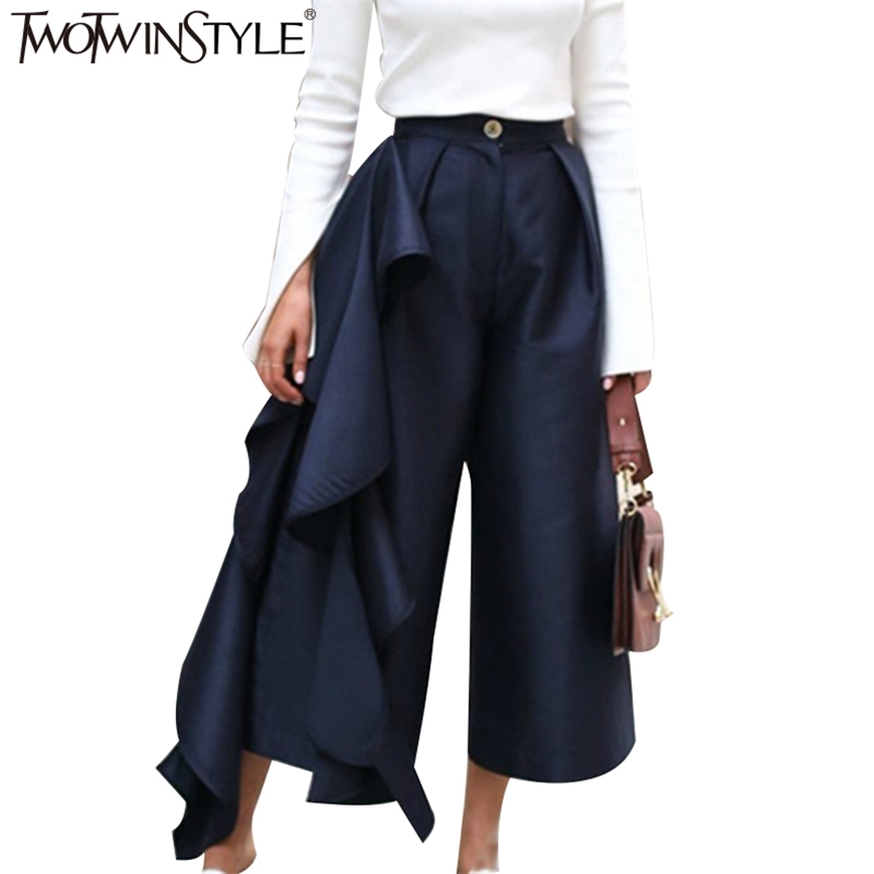 

Ruffle Trousers for Women High Waist Wide Leg Pants Female Casual Palazzo Bottoms Large Sizes Clothes Korean Autumn 210521, Navy