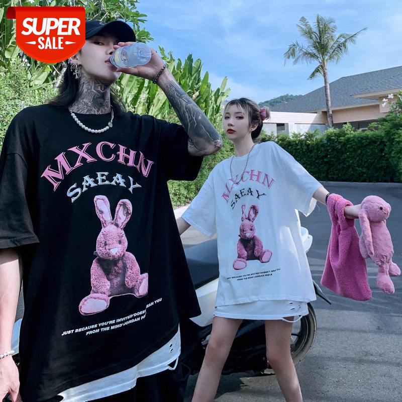 

Rabbit short-sleeved T-shirt boys and girls bf wind couple oversize loose shoulder five-point sleeves #2n6b, White;black