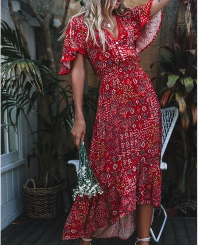 

Spring / Dresses Casual summer women' sexy Ruffle print dress, Picture color