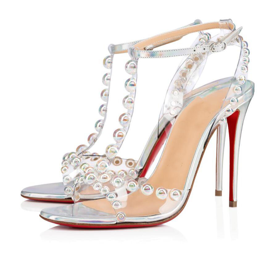 

Perfect Designer Women's Faridaravie PVC Sandals Shoes Sexy Lady Red Bottom High Heels Luxury Studs Party Dress Wedding EU35-43,With Box