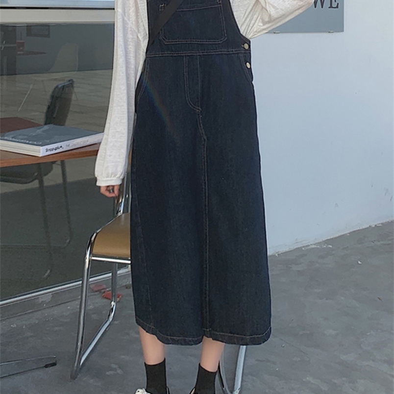 

Vintage Adjustable Strap Pocket Denim Suspender Dress Summer All-match Korean Style Loose Slim Fit Woman Jeans Overalls Dresses 210604, Dark blue