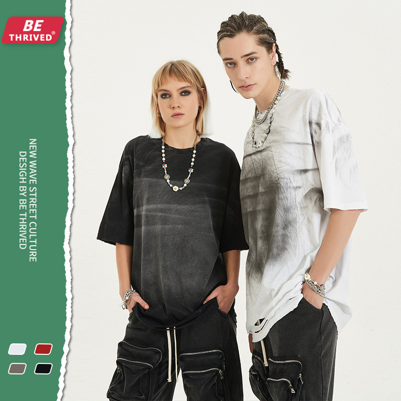 

be men's wear new style in spring and summer of 2021: eing, making dirty hem, cutting short sve, dark high street fashion brand t-shirt, White;black