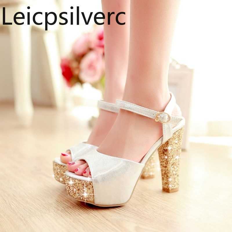 

Spring and summer Sequin Thick heel sandals Waterproof platform super High heel 12cm Fish mouth Women's shoes plus size 32-43 Y0721