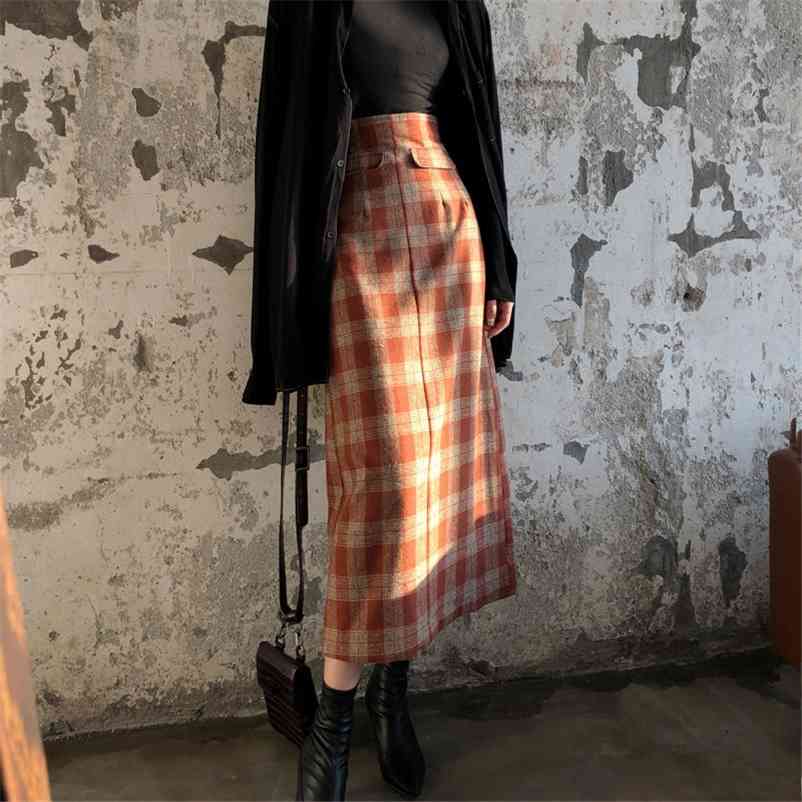 

High Waist Long Wool Plaid Skirt For Women Warm Elegant Office Lady Vintage Autumn Winter Maxi  Bottoms 210519, Mini skirts
