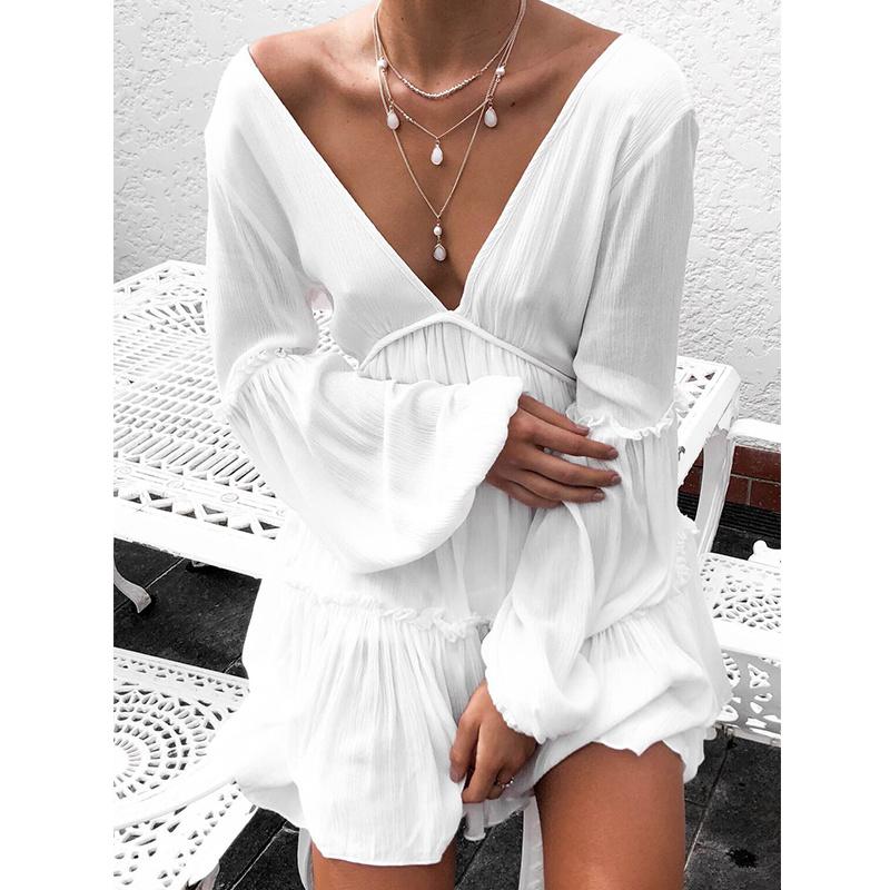 

Women' Swimwear 2021 Sexy Deep V Beach Dress Lantern Sleeve Women Bikini Cover Up Lace Bathing Suits Cover-Ups, White