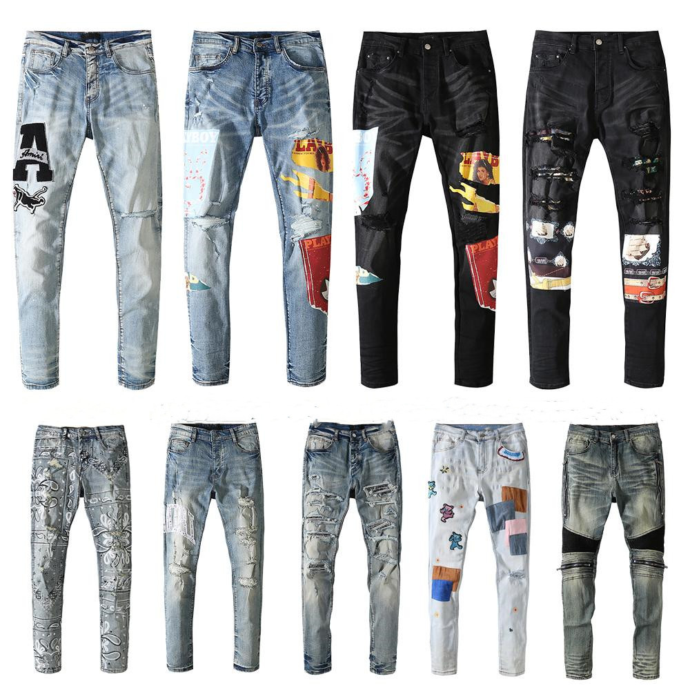 

Mens denim jeans trend brand casual printed trousers thin for men women in Europe and America fashion slim pants teenagers, Difference