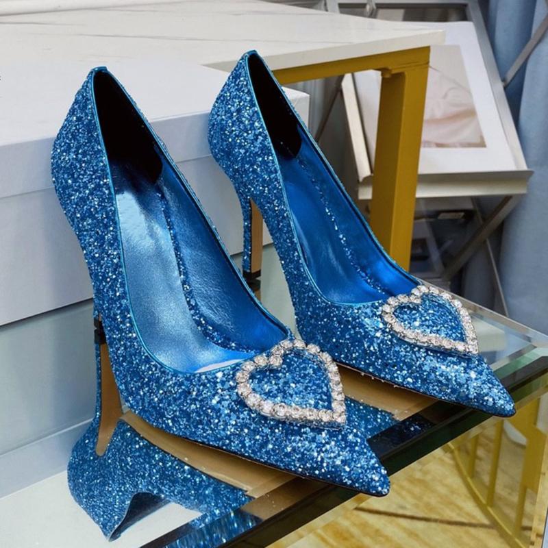 

Dress Shoes Bling Blue Glitter Heart-shaped Crystal Chain Decoration High Heels Leather Lining Pointed Toe Party, Black