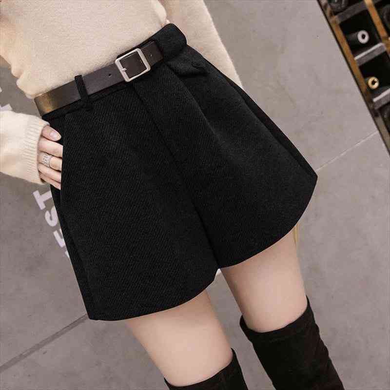 

womens wide leg shorts with belt a-line autumn winter casual comfortable elegant wild shorts high waist thick warm woolen, White;black