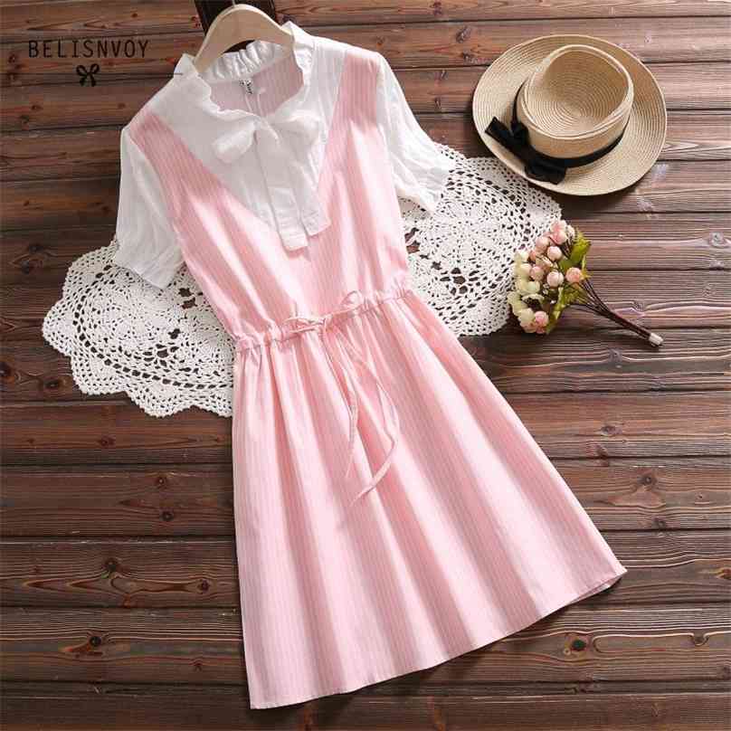 

Preppy Style Summer Women Dresses Patchwork Pink Blue Bow Girl's School Uniform Elegant Short Sleeve Kawaii Striped 210520